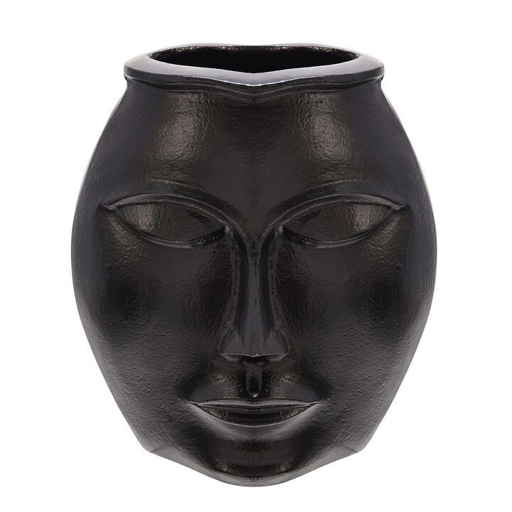 14 Inch Vase, Facial Structure, Modernistic Round Black Aluminum Frame - Benzara