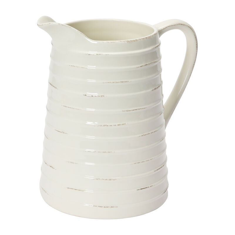 Farmhouse Embossed Stripe Ceramic Pitcher, Distressed White image number 0