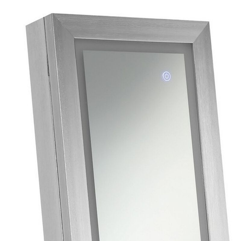 58 Inch Full Body Floor Cheval Mirror, Jewelry Storage, LED, Silver - Benzara