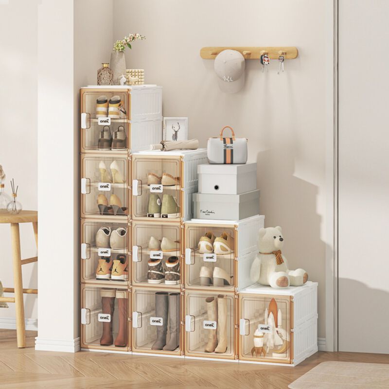 Two-Row 8-Layer Foldable Shoe Rack with Dustproof Transparent Doors, Stackable Design