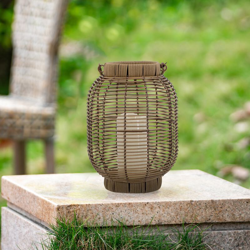 Clihome 8.7x8.7x11.8" Brown Poly Rattan Lantern with White LED Candle image number 2
