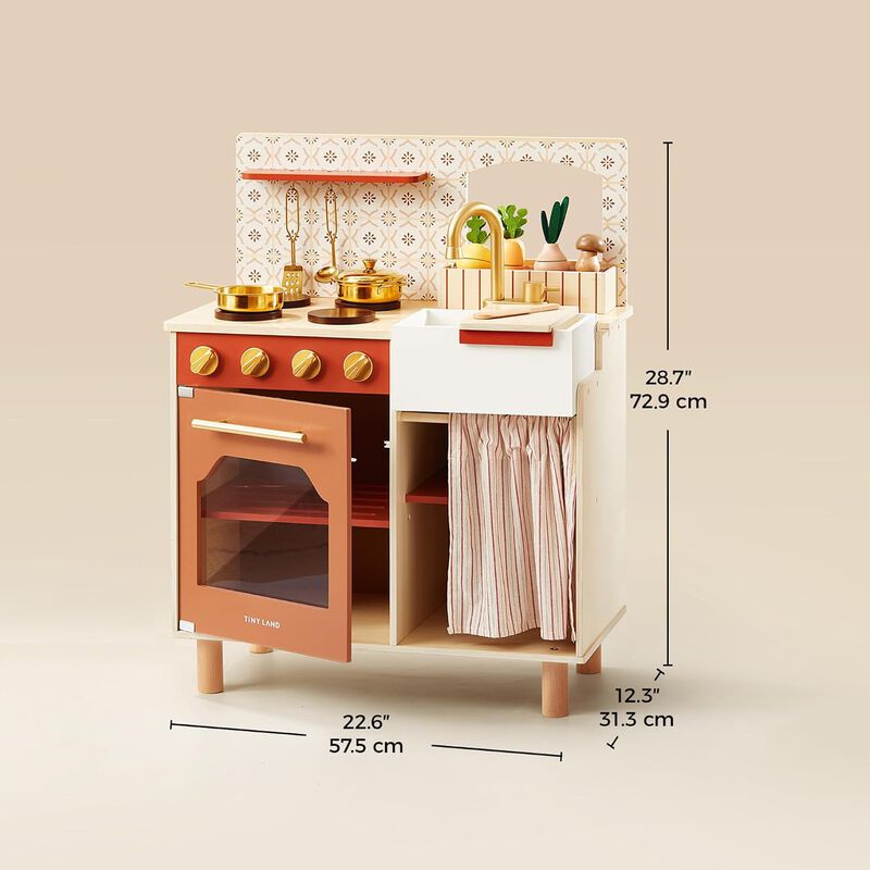 Mediterranean Play Kitchen for Toddlers - Wooden Kids Kitchen Playset with Cutting Food & Cookware, Oven, Stove, Sink, Built-In Storage image number 2