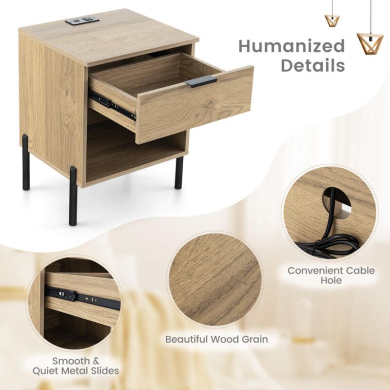 Hivvago Modern Nightstand with Charging Station-Natural