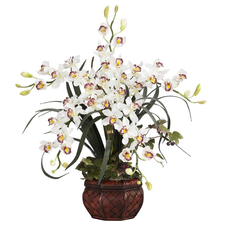 Nearly Natural 30-in Cymbidium w/Decorative Vase White