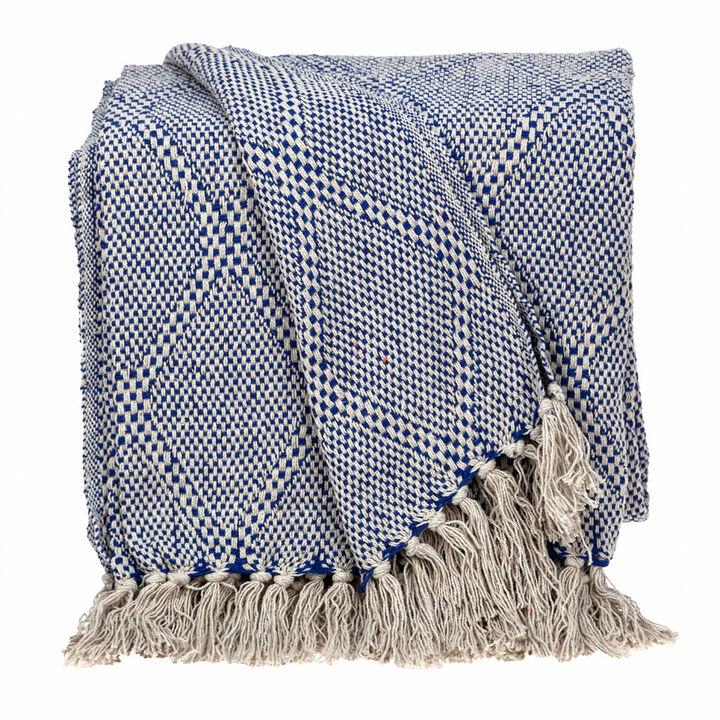 HomeRoots Blue and Beige Woven Handloom Throw with Tassels