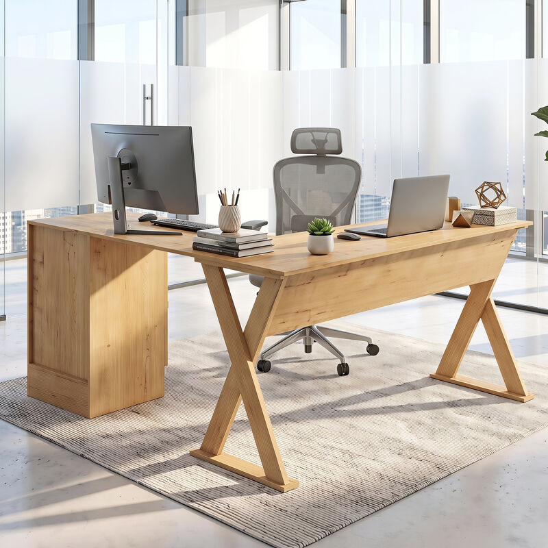 Reversible L Shaped Computer Desk with Drawer and Cabinet for Bedroom image number 3