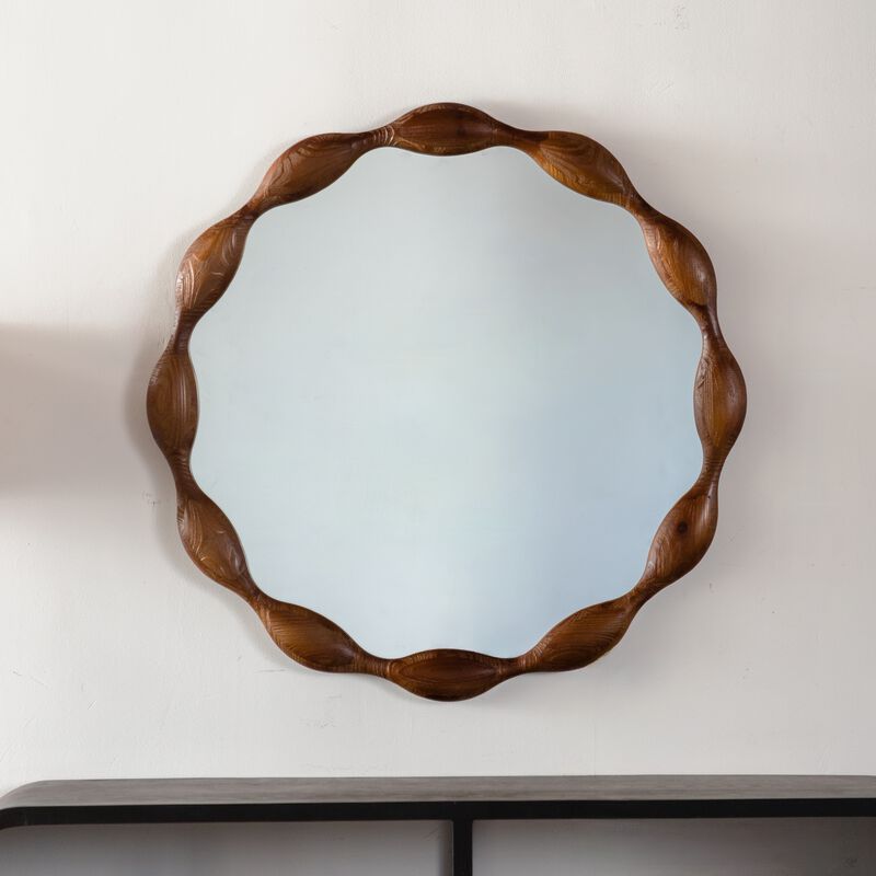 32.28"Solid Wood Round Mirror, Rustic Farmhouse Wavy Irregular Decorative Wall Mirror-Large Circle Wood Frame Mirror image number 5