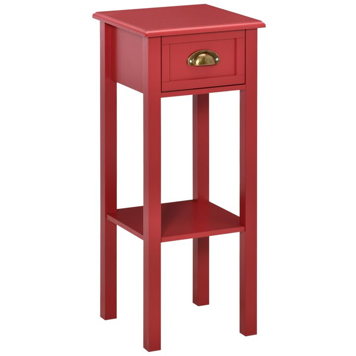2-Tier Side Table with Drawer, Narrow End Table for Space Saving, Slim Nightstand with Shelf Metal Knob for Living Room Hallway, Red
