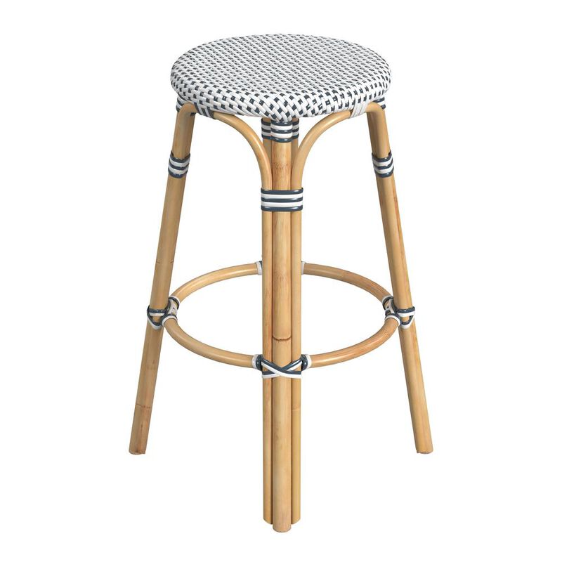 Butler Specialty Tobias Round Rattan 30 Bar Stool, White and Navy Dot