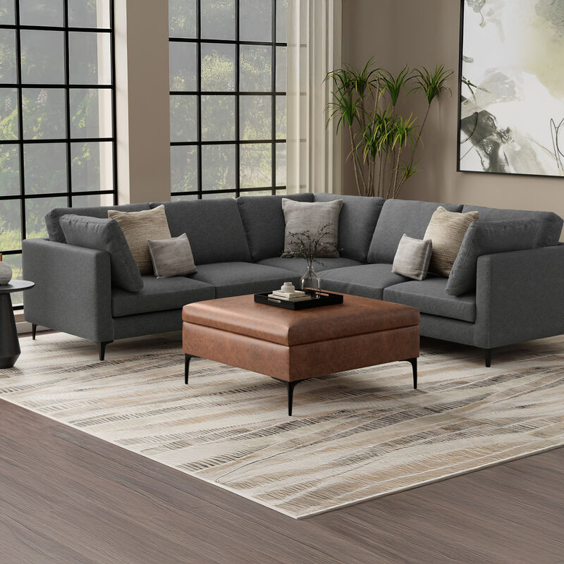 Rebecca 36 inch Wide Contemporary Square Mid&nbsp;Century Coffee Table&nbsp;Storage Ottoman with Lift Up Lid in Distressed Saddle Brown Vegan Faux Leather, Assembled image number 2