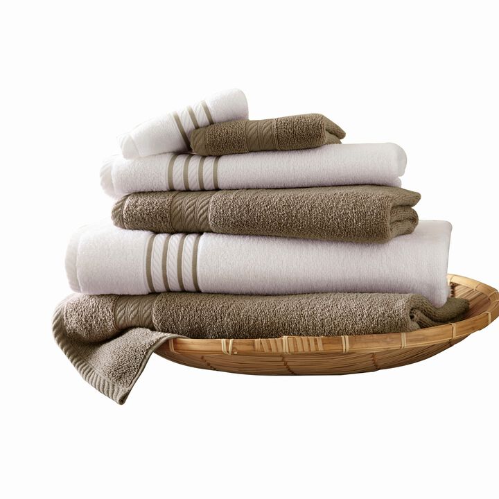 Dana 6 Piece Soft Egyptian Cotton Towel Set, Striped Pattern, Taupe, White-Benzara
