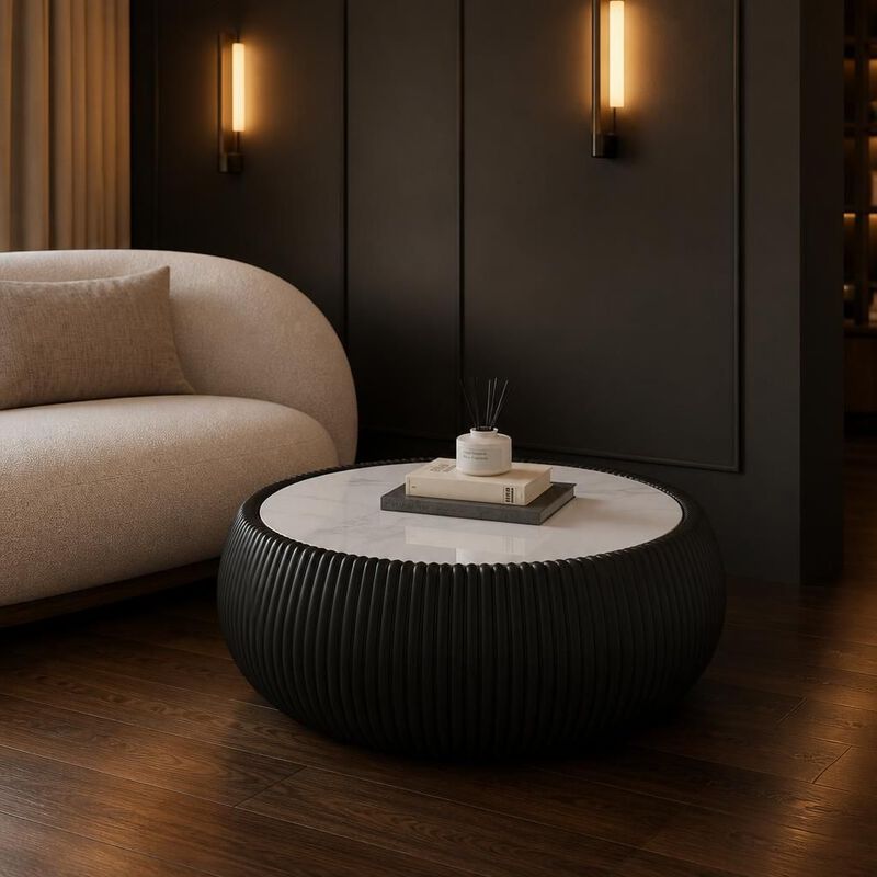 GOODSILO Modern Round Drum Shaped Sintered Stone Top Coffee Table Unique Patterned Accent Furniture For Living Room, Bedroom And Office image number 2