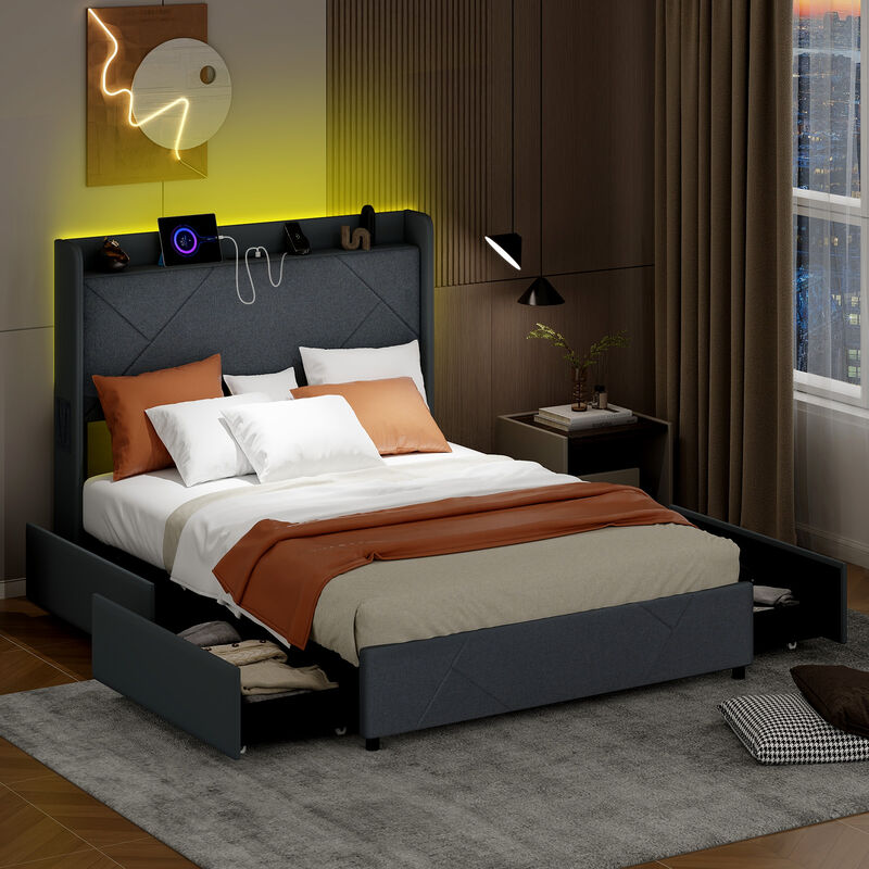 Bed Frame with LED Lights and Built-In Charging Station for Modern Style and Convenient Functionality