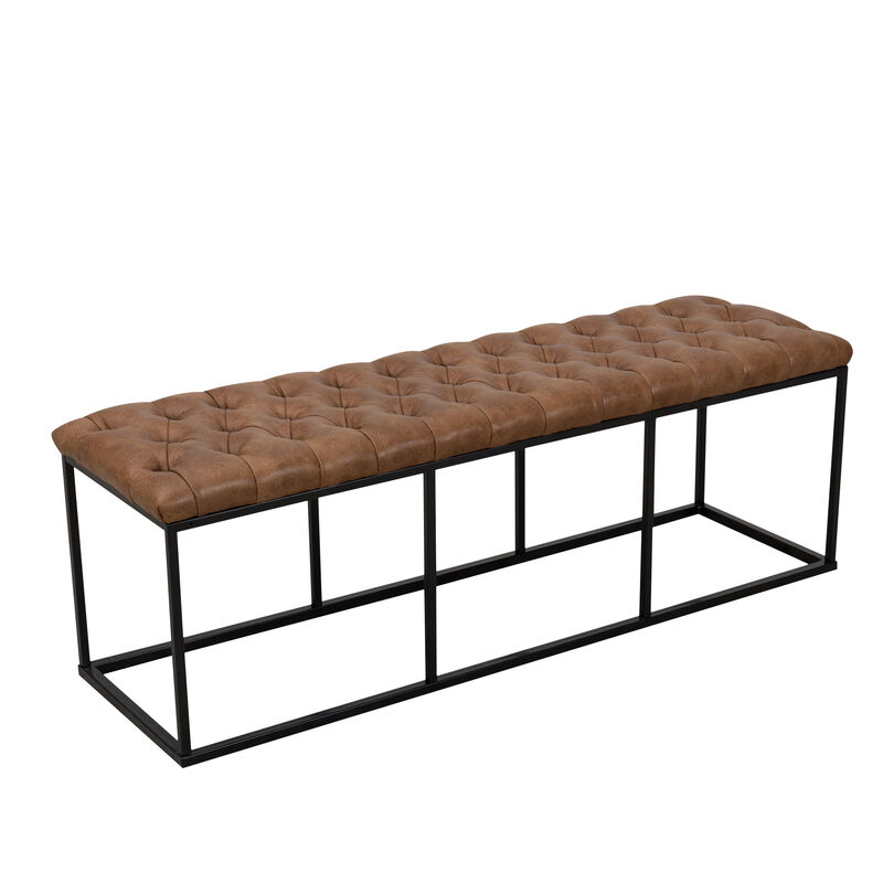 Leatherette Upholstered Bench with Button Tufted Cushioned Seat and Metal Base, Brown
