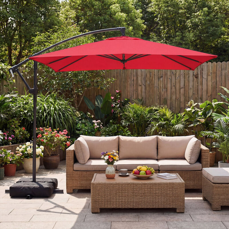 8ft cantilever patio umbrella Mondawe 8 x 8 ft Offset Cantilever Patio Umbrella Square Hanging Outdoor Market Umbrella with 360 Degree Rotation in Red