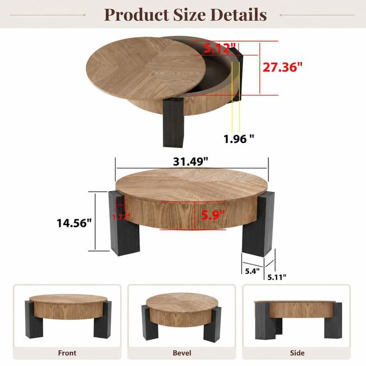 GOODSILO 33 Inch Round Coffee Table With Hidden Storage, Modern Sturdy Accent Table For Living Room Small Spaces