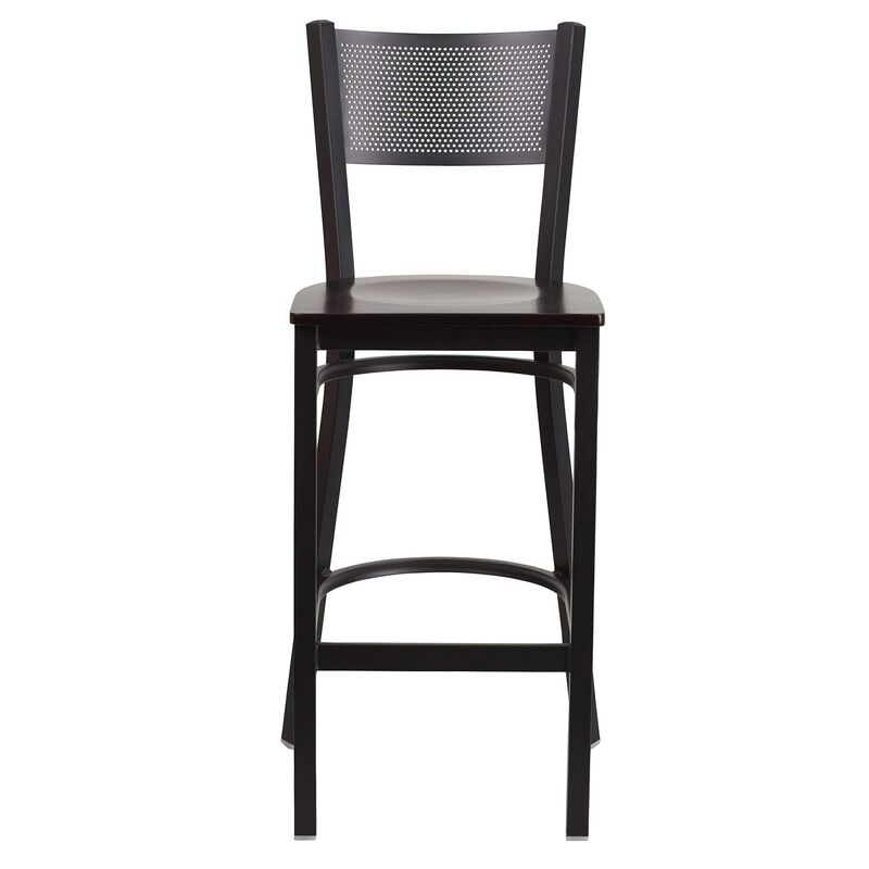 Flash Furniture HERCULES Series Black Grid Back Metal Restaurant Barstool - Walnut Wood Seat