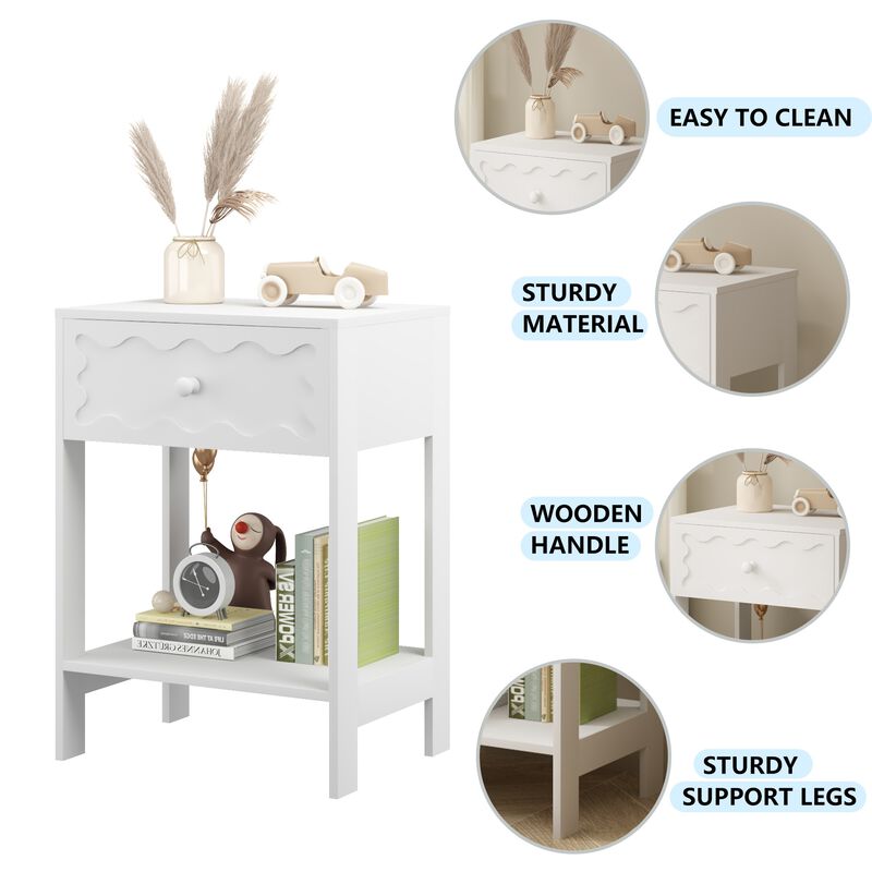 Assembled White Nightstand 1-Drawer 1-Shelf Wave Pattern image number 6