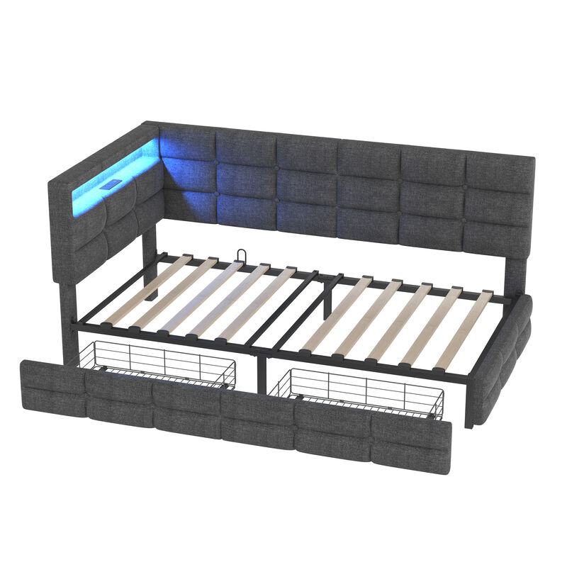 Merax Twin Size Upholstered Daybed with Storage 2 Drawers, Charging Station, LED Lights & Storage Headboard
