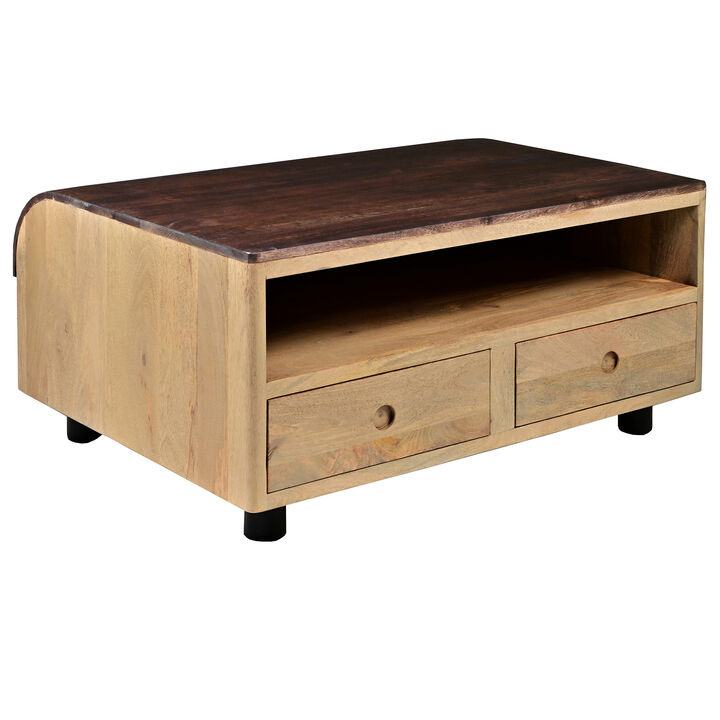 36 Inch Modern Mango Wood Coffee Table, Drip Design Walnut Brown Surface, Oak White Frame