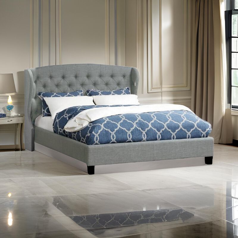 Jimi Queen Bed, Button Tufted Light Gray Polyester Upholstered Headboard - Benzara