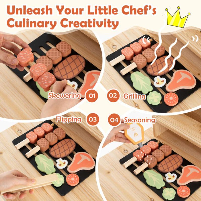 Hivvago Wooden Barbecue Grill Playset with Play Food and Open Shelves