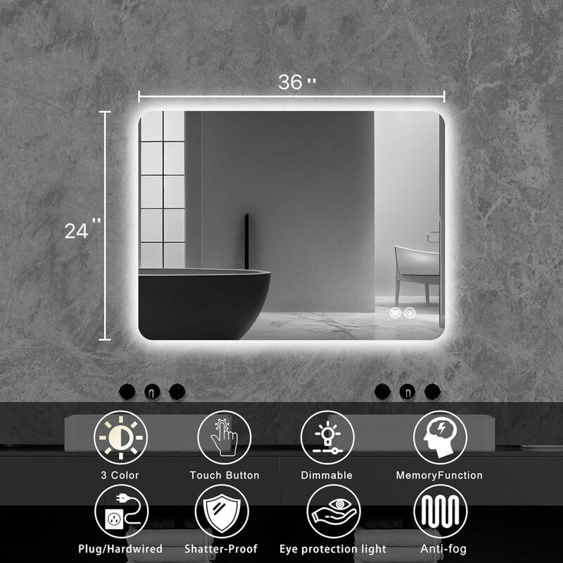 Rectangular Backlit Bathroom Mirror with Anti-Fog Technology and Adjustable Lighting image number 2