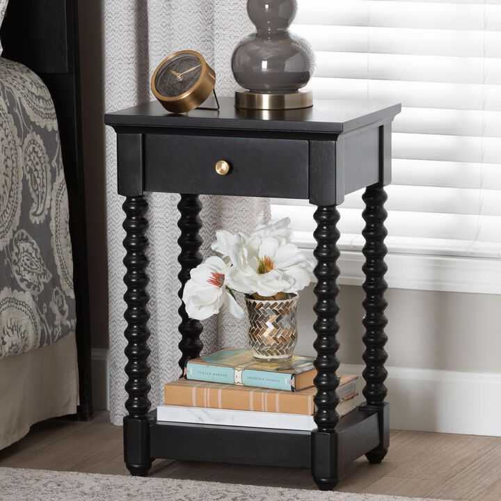 Baxton Studio Terentia Nightstand with Bobbin Legs - 1-Drawer Bedroom Side Table with Storage Shelf