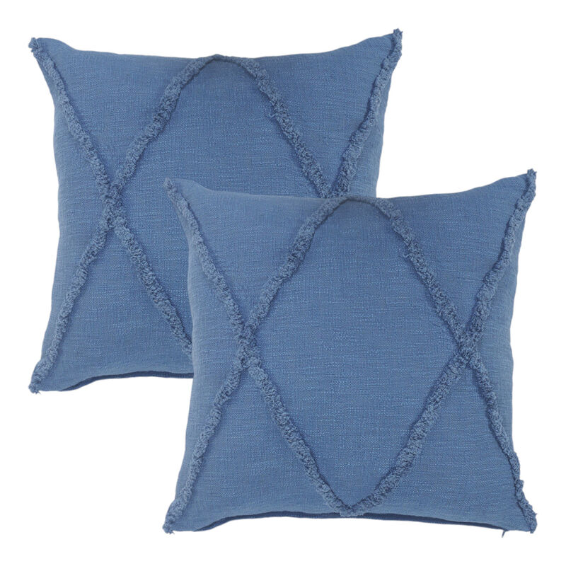 HomeRoots Set of Two Blue Diamond Cotton Throw Pillow With Fringe image number 0