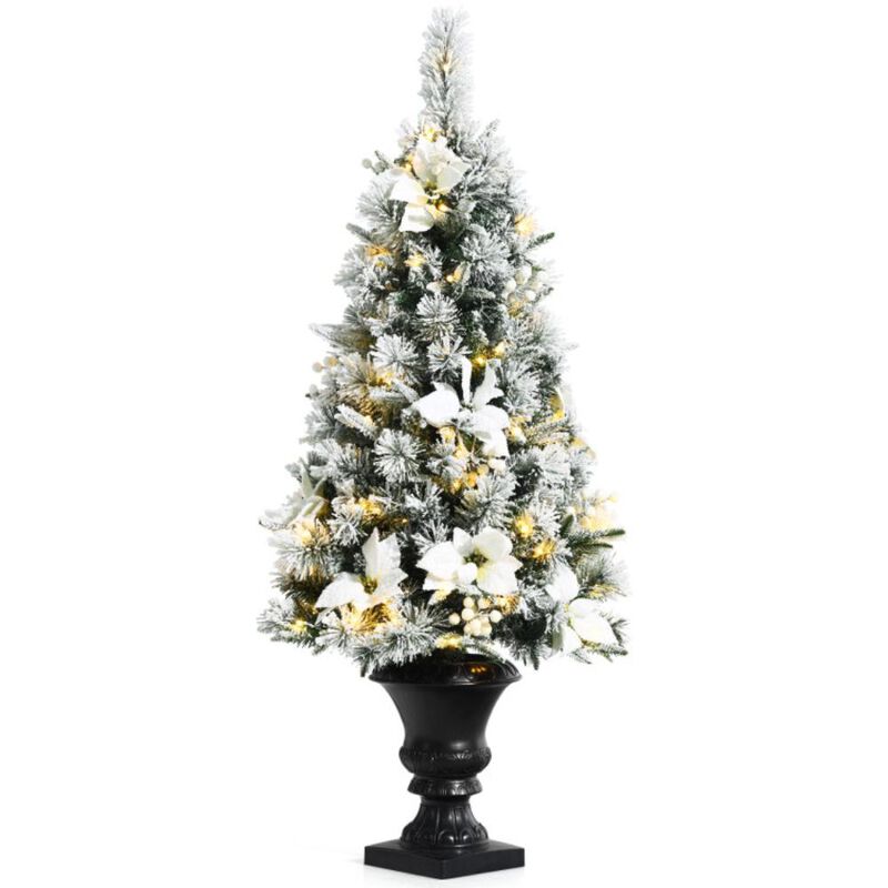 Hivvago 4 Feet Pre-lit Snowy Christmas Entrance Tree with White Berries and Flowers