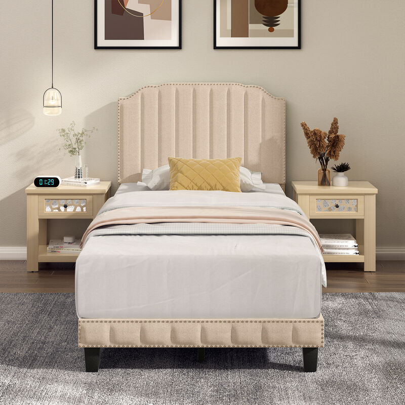 Heavy Duty Upholstered Bed Frame with Rivet Headboard