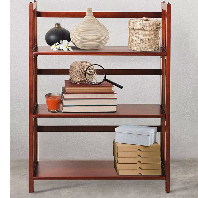 QuikFurn 3-Shelf Folding Storage Shelves Bookcase in Walnut Wood Finish