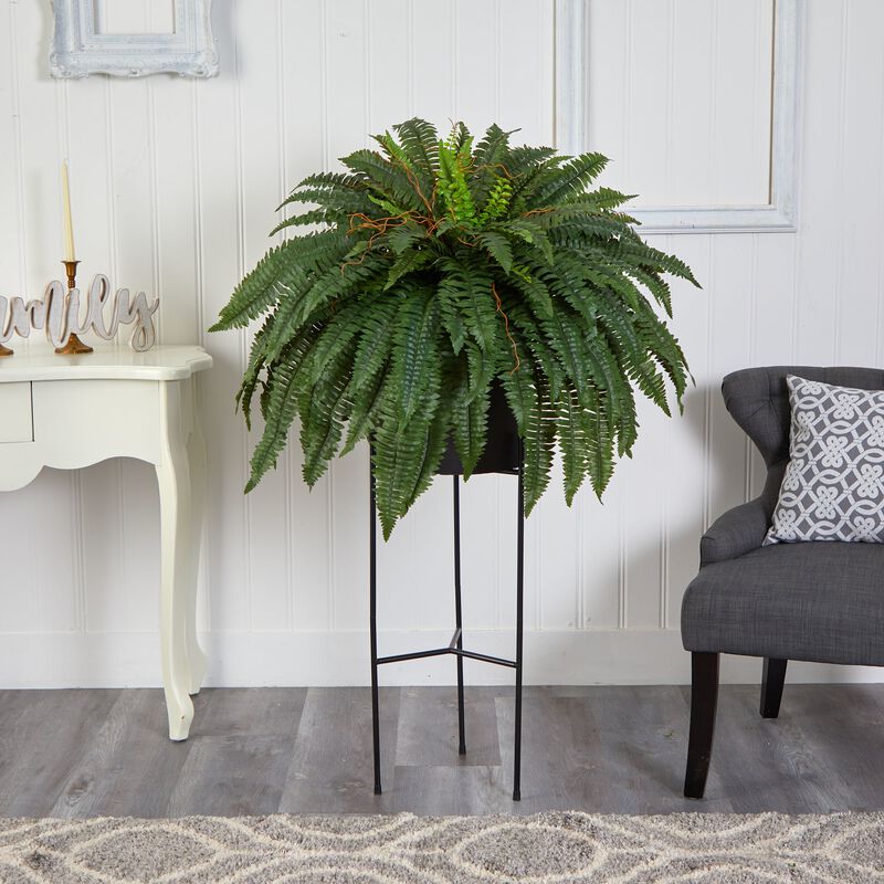 HomPlanti 51" Boston Fern Artificial Plant in Black Planter with Stand