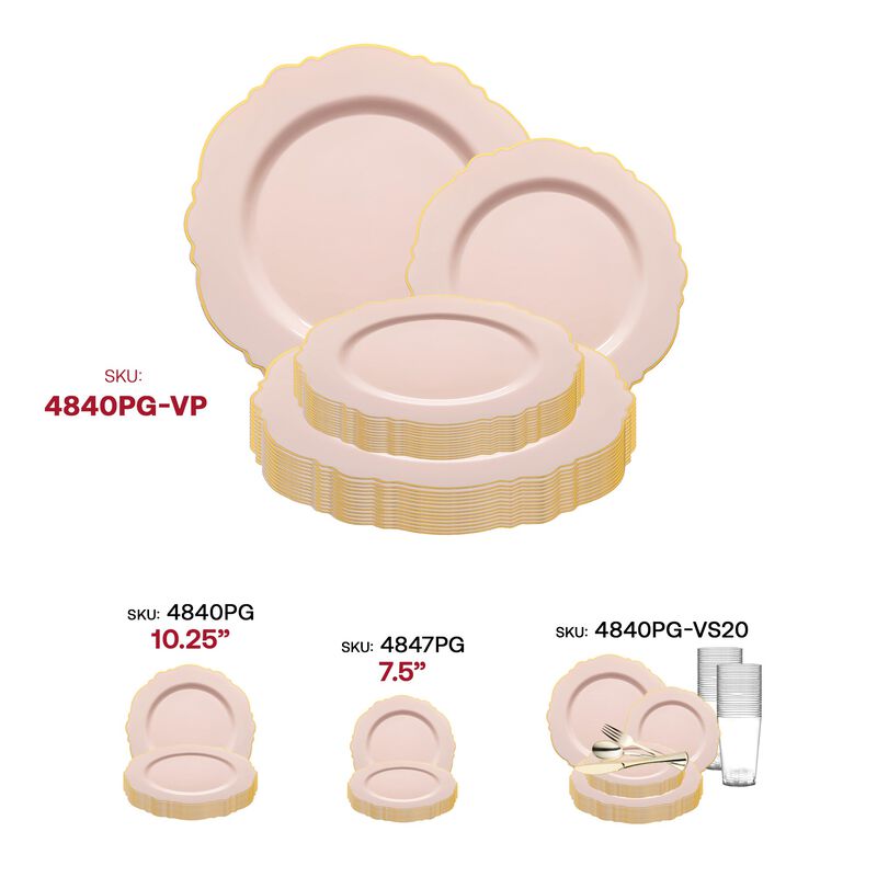 Pink with Gold Rim Round Blossom Plastic Dinnerware Value Set (40 Sets) image number 6