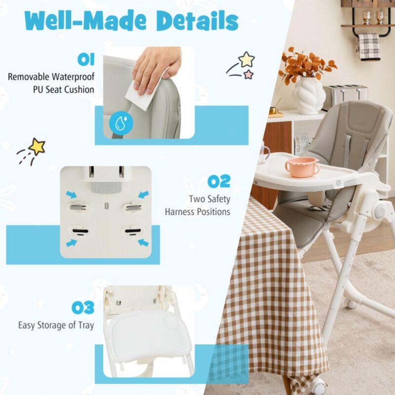 Hivvago Folding High Chair with Height Adjustment and 360Â° Rotating Wheels