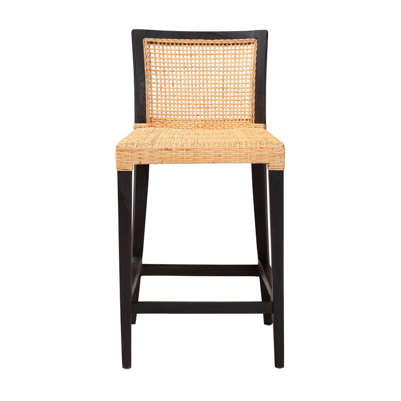 Bali & Pari Lingga Modern Dark Brown Mahogany Wood and Natural Rattan Counter Stool