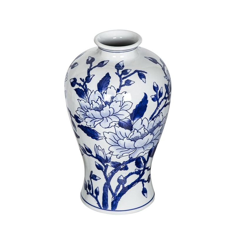 HomeRoots 13" Blue And White Floral Chinoiserie Round Porcelain Table Vase image number 0