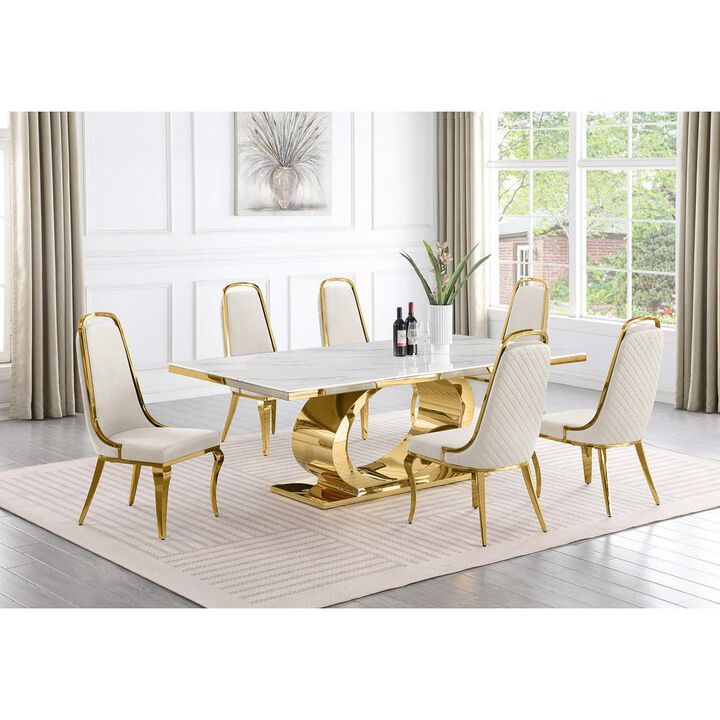 Best Quality Furniture 7pc Large (87) marble top dining set with gold base and 6 Cream side chairs