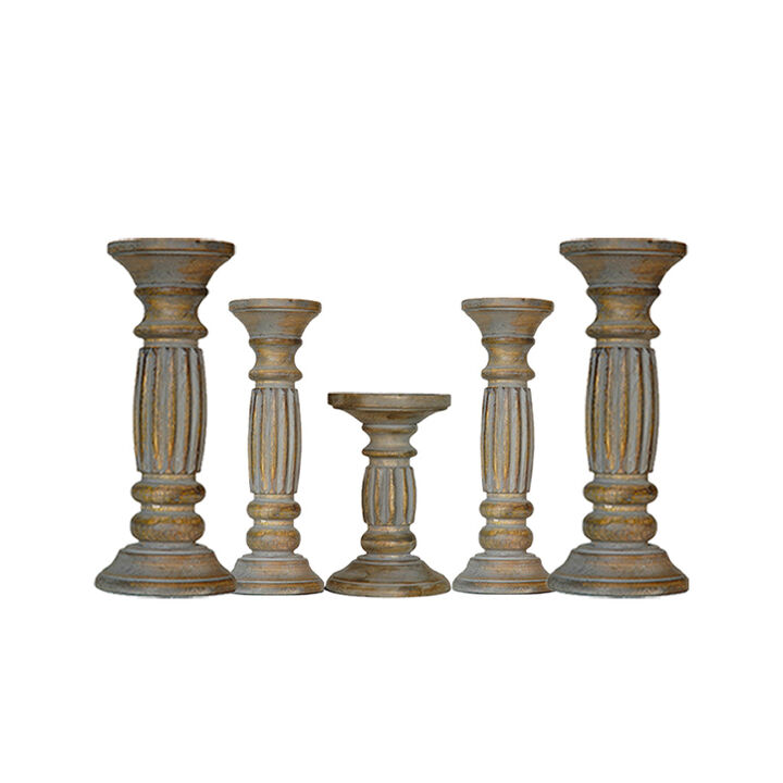 Traditional Gray Wash Eco-friendly Handmade Mango Wood Set Of Five 12",9",6",9" & 12" Pillar Candle Holder
