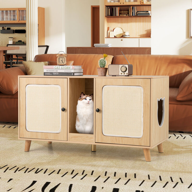 Hidden Cat Litter Box Enclosure with Double Rooms and Sisal Scratching Mats image number 1