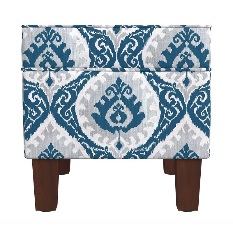 Ishi Accent Storage Ottoman, 22 Inch Blue White Ikat Paisley Pattern - Benzara