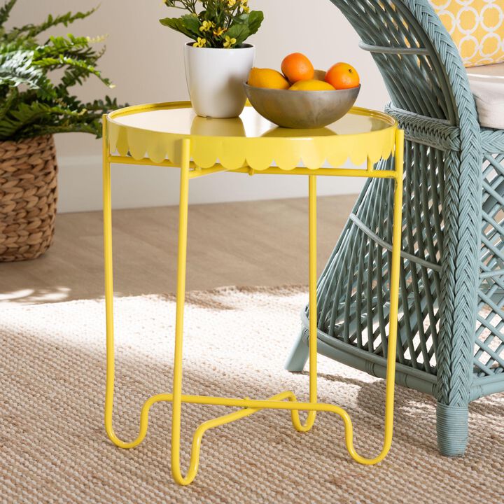 Baxton Studio Laverne Yellow Metal Side Table with Scalloped Tray Top – Round Accent Table with Decorative Base for Indoor or Semi-Outdoor Use
