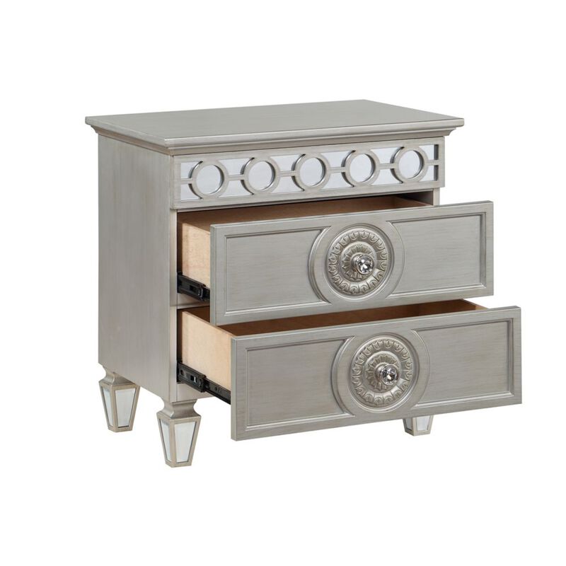 Acme Varian 2 Drawers Wooden Nightstand with Mirror Inlay in Silver