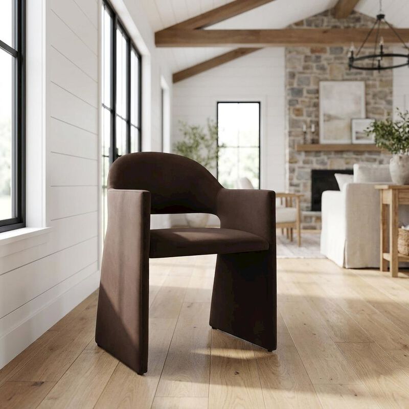 Performance Velvet Dining Armchair with Solid Wood Legs, Chocholate Brown image number 3