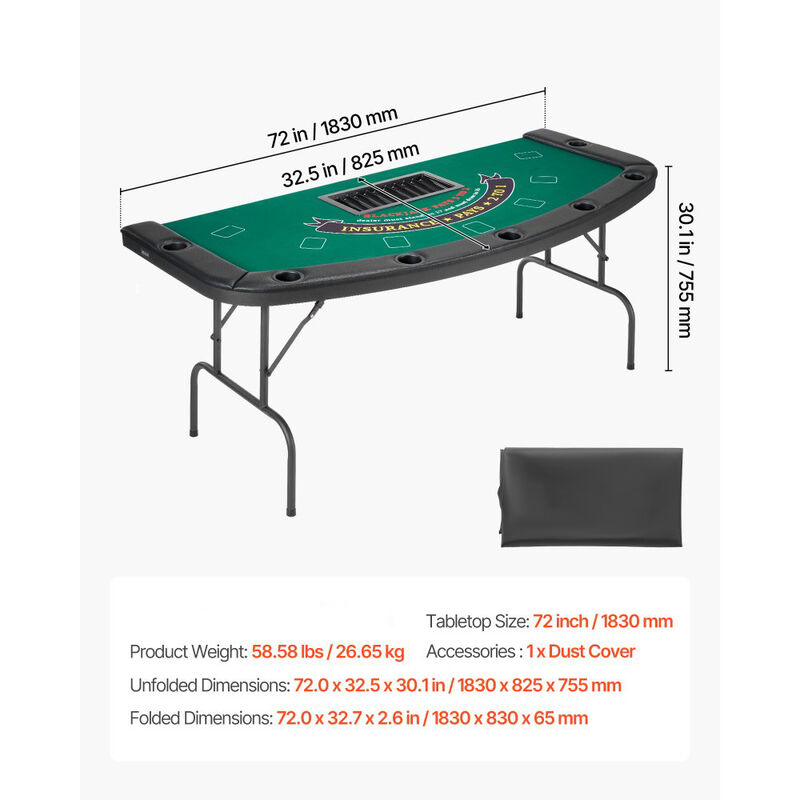 7 Player Folding Poker Table with Felt Top Padded Rails and Cup Holders image number 2