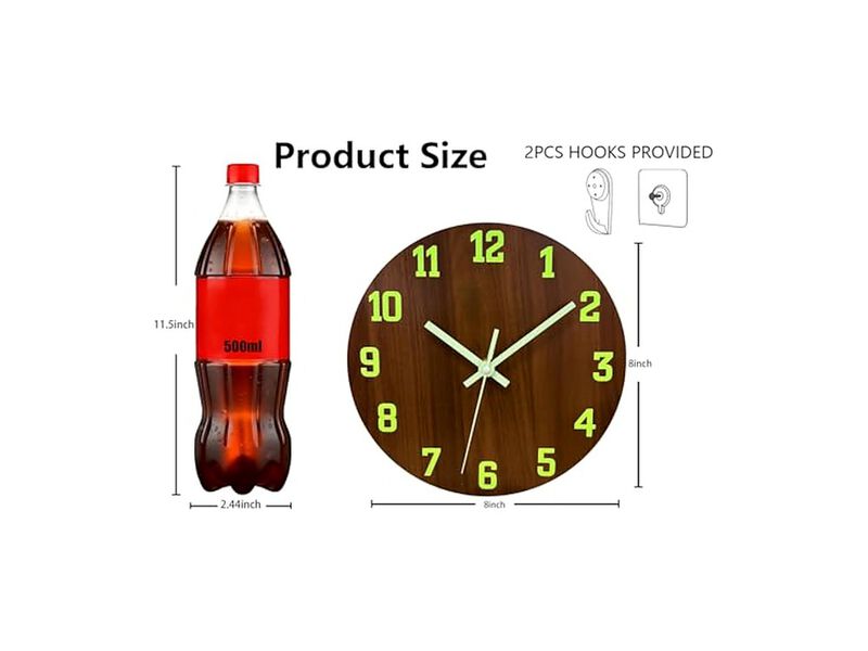Glow In The Dark Night Light Brown Wall Clock 8 Inch Silent Non Ticking Modern image number 2