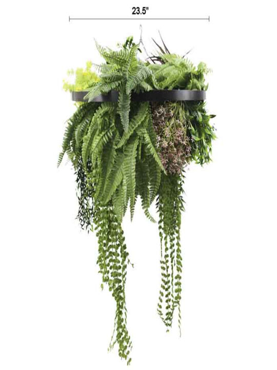Black Framed Roof Hanging Disc With Tropical Foliage Mix and Draping Stems 23.5" UV Resistant