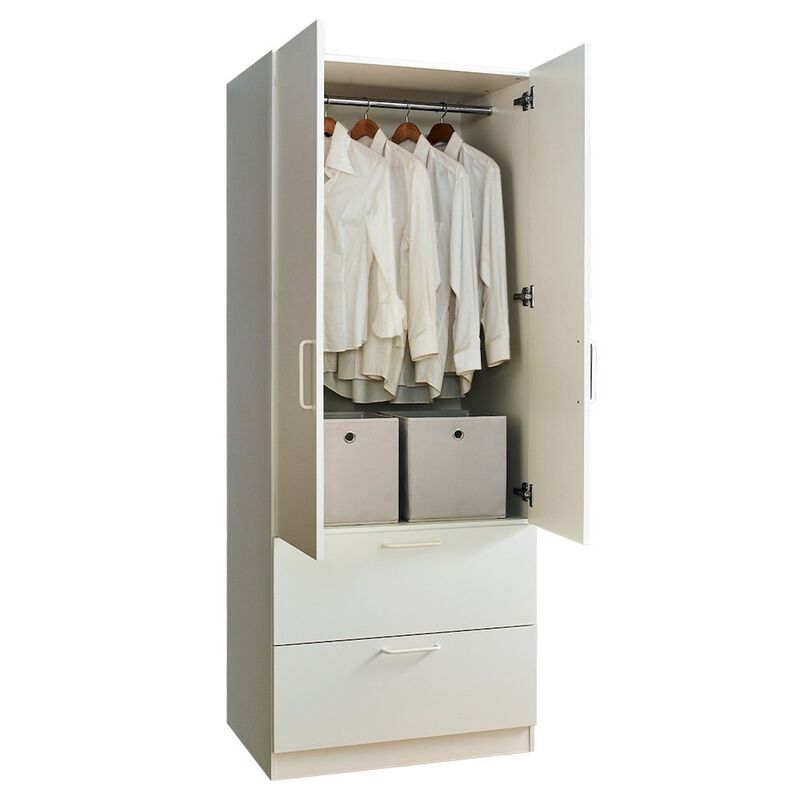 FC Design Klair Living Two-Door Wood Closet with Two Drawers and Hanging Bars in White