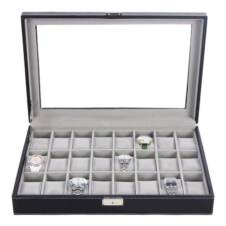 24 Slot Watch Organizer Box with Glass Lid Lockable Display Case
