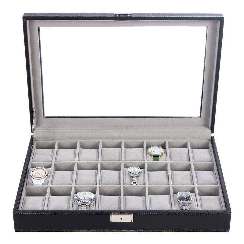 24 Slot Watch Organizer Box with Glass Lid Lockable Display Case image number 0